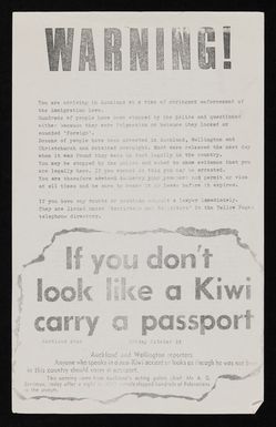 Flyer titled 'Warning! If you don't look like a Kiwi carry a passport'