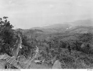 FINSCHHAFEN AREA, NEW GUINEA, 1944-03-17. JIVEVENANG, THE PIMPLE, COCONUT RIDGE, STEEPLE TREE AND FOUGASSE CORNER VIEWED FROM SATTELBERG AT 1400 HOURS