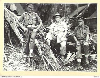 BOUGAINVILLE. 1945-03-26. GENERAL SIR THOMAS A. BLAMEY, COMMANDER-IN-CHIEF, ALLIED LAND FORCES SOUTH WEST PACIFIC AREA (2), WITH MAJOR-GENERAL W. BRIDGEFORD, GENERAL OFFICER COMMANDING 3 DIVISION ..