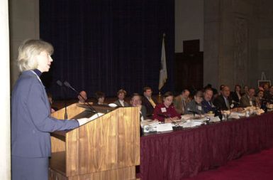 Secretary Gale Norton speaking at meeting of the U.S. Coral Reef Task Force in Washington, D.C. Norton was among officials from 12 federal agencies, 7states and territories, as well as the Marshall Islands, Micronesia, and Palau, discussing projects to improve conservation and management of coral reefs, the impact of climate change, international trade issues, and other matters