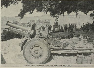 An American 155mm field gun ready to go into action on Hollandia