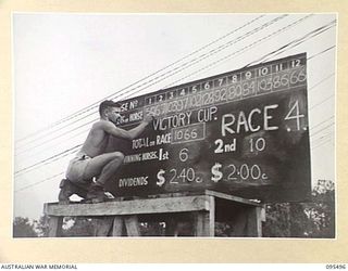 JACQUINOT BAY, NEW BRITAIN, 1945-08-23. A MEMBER OF THE ROYAL NEW ZEALAND AIR FORCE MARKING THE RESULT AND DIVIDENT BOARD AT THE VICTORY CUP RACE MEETING HELD ON THE AIRSTRIP USING WOODEN HORSES ..