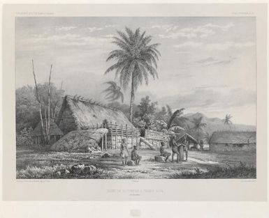 Cases de naturels a Nouka-Hiva, baie Anna Maria / dessine par LeBreton; lith. par Bichebois; fig. par V. Adam
