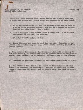 Anthropolgy 124 Comparative religion. Make up exam