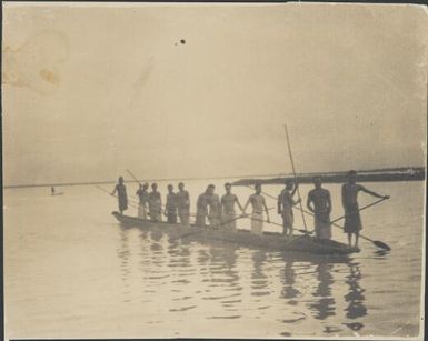 Kamberamba Lake dwellers, travelling at dawn by canoe to gardens, Ramu River, New Guinea, 1935 / Sarah Chinnery