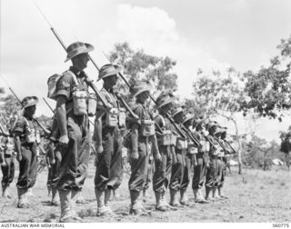 POM POM VALLEY, NEW GUINEA. 1943-11-27. CLOSE UP OF THE GUARD OF THE 2/10TH AUSTRALIAN INFANTRY BATTALION, CHAMPION GUARD OF THE 18TH AUSTRALIAN INFANTRY BRIGADE PARADING FOR THE TAKING OF A ..