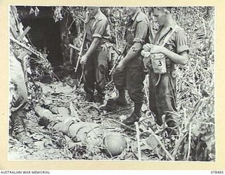 BOUGAINVILLE ISLAND. 1945-01-16. Q128411 PRIVATE R.E. KRIES, "D" COMPANY (1) NX122368 LANCE CORPORAL BENTICK (2) AND NX179367 PRIVATE R.F. NETTLETON "B" COMPANY (3), 47TH INFANTRY BATTALION LOOKING ..