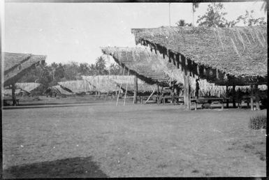 Two rows of houses with tassels hanging from their eaves, Awar village near Wauchope's plantation, Sepik River, New Guinea, 1935, 2 / Sarah Chinnery