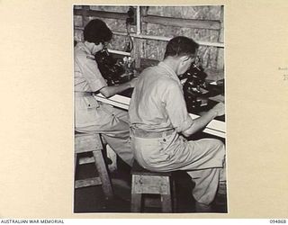 LAE AREA, NEW GUINEA. 1945-08-11. LIEUTENANT COLONEL T.C. BACKHOUSE (1) AND CAPTAIN E. STOBO (2), AT WORK IN THE PATHOLOGY SECTION OF 2/7 GENERAL HOSPITAL