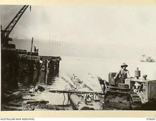 JACQUINOT BAY, NEW BRITAIN. 1945-01-24. A SAPPER OF THE 17TH FIELD COMPANY, USING A TRACTOR TO HAUL LOGS OUT OF THE WATER NEAR THE SITE OF THE NEW 300 FOOT WHARF WHICH THE UNIT IS BUILDING ON THE ..