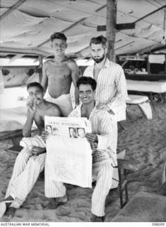 BORAM BEACH, NEW GUINEA. 1945-10-17. INDIAN OFFICERS WHO WERE LIBERATED FROM THE JAPANESE IN THE SEPIK RIVER AREA, WITH AUSTRALIANS IN THE OFFICERS' WARD, MAIN DRESSING STATION, 2/15 FIELD ..