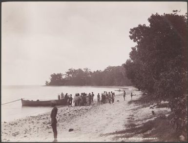 Missionaries and villagers at the landing place of Nukapu, Reef Islands, 1906 / J.W. Beattie