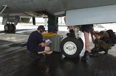 Members of the Royal Australian Air Force (RAAF) maintenance crew preflight a RAAF AP-3C Orion aircraft on the flightline at Andersen Air Force Base (AFB), Guam. The aircraft and crew are on station to participate in the joint exercise TANDEM THRUST 03, a joint US, Canada, and Australia exercise conducted in the Marianas islands to include Guam and Tinian