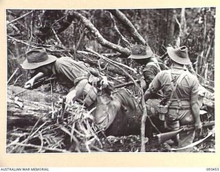 WEWAK AREA, NEW GUINEA, 1945-06-27. TROOPS OF 2/8 INFANTRY BATTALION ADVANCING UP THE SIDE OF THE FEATURE DURING THE FINAL ASSAULT ON HEAVILY DEFENDED JAPANESE POSITIONS ON MOUNT SHIBURANGU. ..