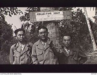 NADZAB, NEW GUINEA. 1943-09-19. AMERICAN JAPANESE INTERROGATORS OF THE UNITED STATES ARMY ATTACHED TO HEADQUARTERS, 7TH AUSTRALIAN DIVISION PRISONER OF WAR COLLECTION POINT. LEFT TO RIGHT: STAFF ..