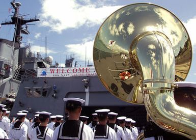 A Republic of Korea Navy band performs during their port visit at U.S. Naval Station Pearl Harbor, Hawaii, on Sept. 21, 2006. The Korean Sailors, from the Chungmugong Yi Sun-sin Class (KDX-2) Destroyer DAE JO YEONG (DDG 977) and the Cheonji Class Fast Combat Support Ship DAE CHEONG (AOE 58), plan to visit the National Memorial Cemetery of the Pacific and meet with members of the local Korean community during their stay in Hawaii. (U.S. Navy photo by CHIEF Mass Communication SPECIALIST David Rush) (Released)