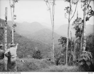 MEMBERS OF THE AUSTRALIAN MILITARY HISTORY SECTION IDENTIFYING POINTS OF INTEREST ON THE OWEN STANLEY RANGE FROM OWERS' CORNER. SHOWN ARE IMITA RIDGE AND IORIBAIWA RIDGE IN THE BACKGROUND