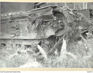 MADANG, NEW GUINEA. 1944-10-12. THE FRONT VIEW OF A CHURCHILL VII TANK TRACK SHOWING MUD COLLECTED DURING A TEST RUN AT HQ 4 ARMOURED BRIGADE