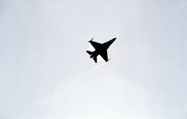 A bottom view of an F-16 Fighting Falcon aircraft carrying an AIM-9 Sidewinder missile during exercise COPE ELITE '81. The Falcon is from the 428th Tactical Fighter Squadron, 474th Tactical Fighter Wing