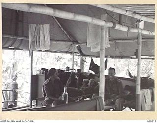 RATAVAL, NEW BRITAIN. 1945-11-17. OFFICERS OF 2/4 ARMOURED REGIMENT, RELAXING IN THEIR COMFORTABLE BAMBOO AND CANVAS HUT. IDENTIFIED PERSONNEL ARE:- CAPTAIN E.B. HILL (1); LIEUTENANT J. MOLE (2); ..