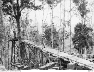PAPUA, NEW GUINEA. 1942-10. RAMP LEARNING TO THE PLATFORM OF THE "FLYING FOX" CONSTRUCTED BY THE 2/6TH FIELD COMPANY, ROYAL AUSTRALIAN4ENGINEERS, TO CONVEY SUPPLIES DOWN THE STEEP GRADE FROM THE ..
