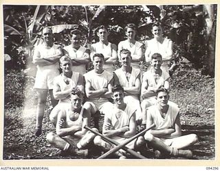 LAE AREA, NEW GUINEA. 1945-07-17. THE SOFTBALL TEAM OF 2/7 INFANTRY BRIGADE WORKSHOP. (FOR IDENTIFICATION OF 12 NAMED PERSONNEL REFER TO PROVISIONAL CAPTION OR NAME INDEX.)