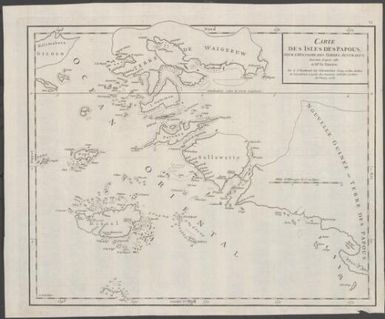 Carte des Isles des Papous : pour l'Histoire des terres Australes dessinée d'après celle de Mr. Is. Tirion / par le Sr. Robert de Vaugondy, Géog. ordin. du Roi, de l'Académie royale des Sciences et Belles-Lettres de Nancy, 1756 ; G. De la Haye