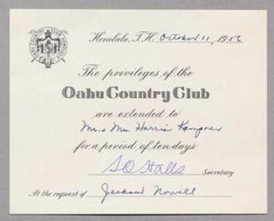 [Ten Day Membership Card for the Oahu Country Club, October 11, 1956]