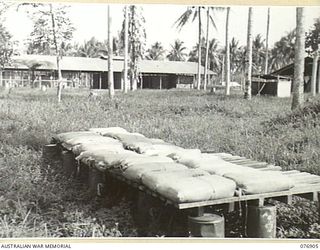 LAE, NEW GUINEA. 1944-11-15. BAGS OF FLOUR STACKED IN THE OPEN ON DUCKBOARDS SOME 6" OFF THE GROUND DURING TESTS CARRIED OUT BY DOCTOR DAVIS OF THE COUNCIL FOR SCIENTIFIC AND INDUSTRIAL RESEARCH ON ..