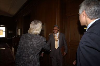 Secretary Gale Norton greeting members of visiting political delegation from American Samoa, at Department of Interior headquarters