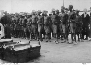 RABAUL, NEW BRITAIN. 1914-09-12. GROUP OF NATIVE SOLDIERS WHO FOUGHT FOR THE GERMANS AT SIMPSON HARBOUR DURING THE CAPTURE OF RABAUL FROM THE GERMANS BY THE AUSTRALIAN NAVY AND MILITARY ..