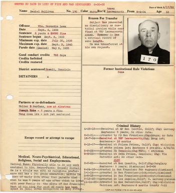 SULLIVAN, DANIEL JOSEPH - Alcatraz Number 170 - Warden's Notebook