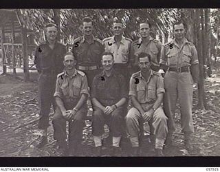 DOBODURA, NEW GUINEA. 1943-10-11. GROUP PORTRAIT OF MEMBERS OF THE GENERAL STAFF, 11TH AUSTRALIAN DIVISION. LEFT TO RIGHT: BACK ROW: NX112168 CAPTAIN (CAPT) K. B. TOLLIS (LIAISON OFFICER); NX107675 ..