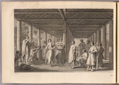 (A view of the inside of a house in the island of Ulietea, with the representation of a dance to the music of the country). I.B. Cipriani del. F. Bartolozzi sculp. No. 7. (London: printed for W. Strahan; and T. Cadell in the Strand, MDCCLXXIII).