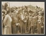 Evelyn Murray, Lady Stonehaven and Lady Keith-Falconer with Wahgi men, Hallstrom Livestock and Fauna Trust Station, Nondugl, Apr 1949