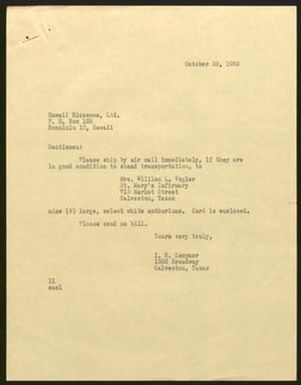 [Letter from Isaac H. Kempner to Hawaii Blossoms, October 28, 1963]
