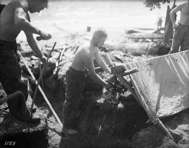 Pup tents being erected over fox holes to keep out torrential rain, Mono Island, Solomon Islands