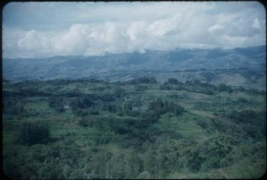 Looking from the northern wall across to the flat Tsigmil shelf and sloping spurs of views 255-257 (note gardens) : Waghi Valley, Papua New Guinea, 1954 / Terence and Margaret Spencer