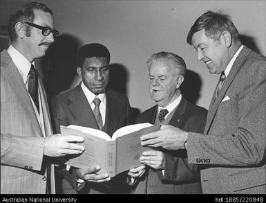 Dr Tryon, Mr Vincent Eri (PNG High Commissioner) Professor Sir John Crawford & Professor Stephen Wurm at the launching of two new books