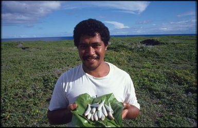 Man holding large leaf covered in small fish