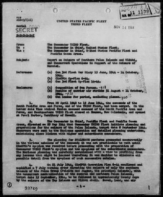 COM 3rd FLEET - Rep of Seizure of Southern Palau Is & Ulithi Atoll, Carolines, & Concurrent Ops In Support of the Seizure of Morotai, 9/15/44 - 10/14/44