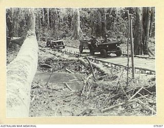 BOUGAINVILLE ISLAND. 1945-02-17. JEEPS AND TRAILERS OF THE 9TH INFANTRY BATTALION CROSSING A CORDUROY SECTION OF THE MAWARAKA MOSIGETTA ROAD WHICH HAS BEEN CONSTRUCTED BY THE UNIT ENGINEERS ACROSS ..