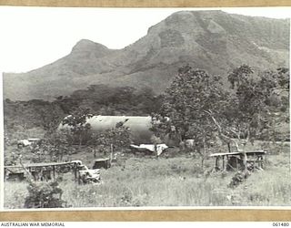 PORT MORESBY, NEW GUINEA. 1943-12-07. 25-POUNDER AND 40MM BOFORS GUNS STORED IN THE OPEN AT NO. 3 SUB DEPOT, 10TH AUSTRALIAN ADVANCE ORDNANCE DEPOT, IN THE BACKGROUND CAN BE SEEN HOMBROM BLUFF