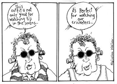 MALLARD. "This outfit is not only great for watching Fiji in the sevens... it's perfect for watching our cricketers..." Sunday News, 11 February 2001