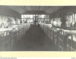 LAE, NEW GUINEA. 1944-07-14. AN INTERIOR VIEW OF THE FLY GAUZE ENCLOSED DYSENTERY WARD OF THE 2/7TH AUSTRALIAN GENERAL HOSPITAL. SEEN ATTENDING TO A PATIENT IS VFX29693 SISTER J.A. TOLMAN (4)