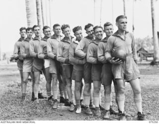 MILILAT, NEW GUINEA. 1944-08-13. MEMBERS OF A SOCCER TEAM FROM THE 35TH INFANTRY BATTALION WHO ARE TO PLAY A TEAM FROM HEADQUARTERS, 5TH DIVISION. IDENTIFIED PERSONNEL ARE:- NX156858 PRIVATE A.S. ..