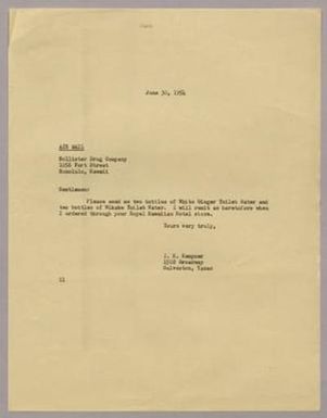 [Letter from Isaac Herbert Kempner to Hollister Drug Company, June 30, 1954]