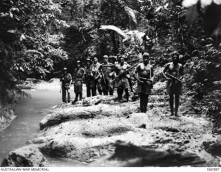 SATTELBERG AREA, NEW GUINEA. 1943-11-15. TROOPS OF THE 2/24 AUSTRALIAN INFANTRY BATTALION AND NATIVES ATTACHED TO THE UNIT, MOVING OUT ON A PATROL INTO ENEMY TERRITORY. IDENTIFIED PERSONNEL ARE: ..