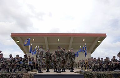 U.S. Air Force 36th Air Expeditionary Wing Commander COL. P.K White, salutes before presenting medals to team Mission Support, 36 Support Group, during Warrior Day Challenge at Arch Light Memorial Park, Andersen Air Force Base, Guam, on Jan. 14, 2005. (U.S. Air Force PHOTO by STAFF SGT. Bennie J. Davis, III) (RELEASED)