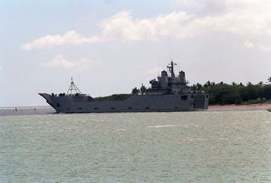 A port beam view of the U.S. Army's logistic support vessel GEN BREHON B. SOMERVELL (LSV 3) departing Pearl Harbor.